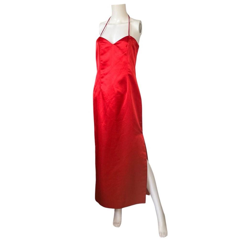Vintage Mario Forte for After Five Red Satin Midi Dress Sleeveless Slit Holiday